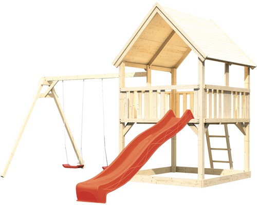 Spielturm mit Rutsche und Schaukel aus Holz