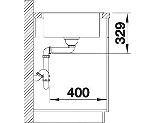 Dessin technique d''un évier avec garniture d''écoulement et indications de mesure.