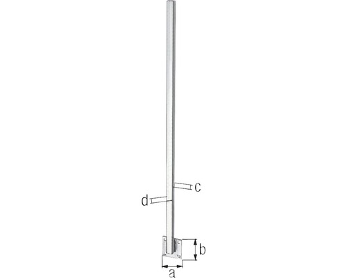 Geländerpfosten aus Metall mit Fussplatte und Massangaben