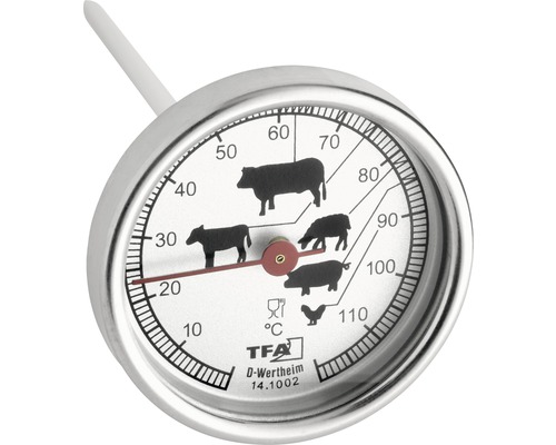TFA Dostmann thermomètre de cuisson thermomètre à viande thermomètre de four thermomètre à barbecue analogique Ø 51 mm plage de température 10-110 °C résistant à la chaleur différents niveaux de cuisson acier inoxydable Thermomètre à viande avec indicateur pour différents types de viande