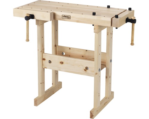 Hobelbank aus Holz mit Schraubstock und Ablagefläche