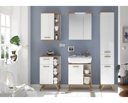 Badezimmer-Set mit Waschbecken, Spiegelschrank, Unterschrank und Hochschrank