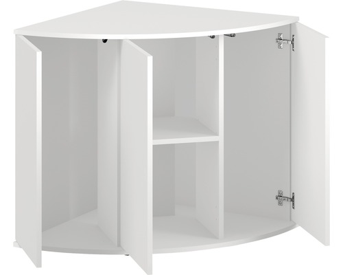 Weißer Eckschrank mit offenen Türen und Regalen