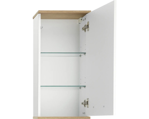 Armoire de salle de bain ouverte avec deux étagères en verre