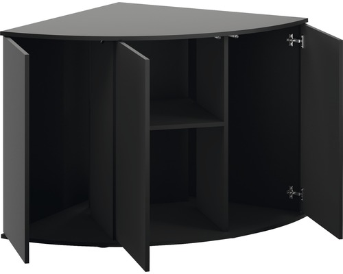 Schwarzer Eckunterschrank mit geöffneten Türen und Einlegeboden