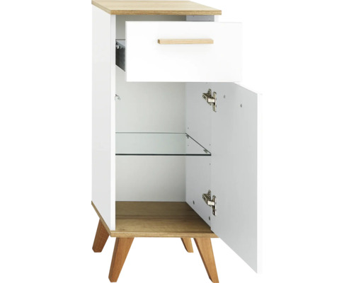 Table de chevet avec tiroir, porte et étagère en verre