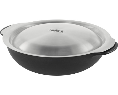 Weber Logo Abdeckhaube aus Edelstahl auf Gusseisen Topf