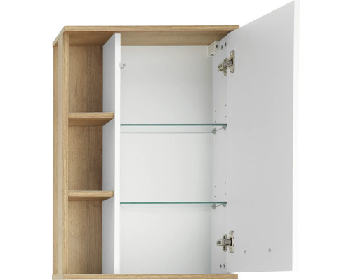 Armoire de toilette ouverte avec étagères en verre