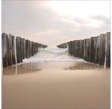 Strandansicht mit hölzernen Wellenbrechern im Meer