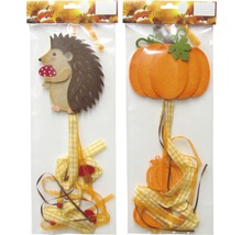 Dekorative Herbstfiguren zum Aufhängen, sortiert: Igel mit Pilz, Kürbis mit Blättern und Schleifenband