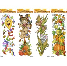 Fensterbilder mit Herbstmotiven, inklusive Drachen, Vogelscheuche, Mäusen und Kürbissen