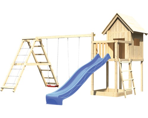 Tour de jeu avec balançoire, mur d''escalade et toboggan