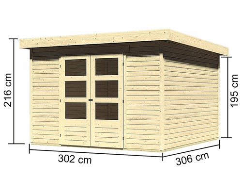 Abri de jardin en bois avec des dimensions de 302 cm x 306 cm et une hauteur de 216 cm
