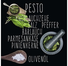 Pesto-Zutaten: Pesto, Knoblauchzehe, Salz, Pfeffer, Bärlauch, Parmesan, Pinienkerne, Olivenöl.
