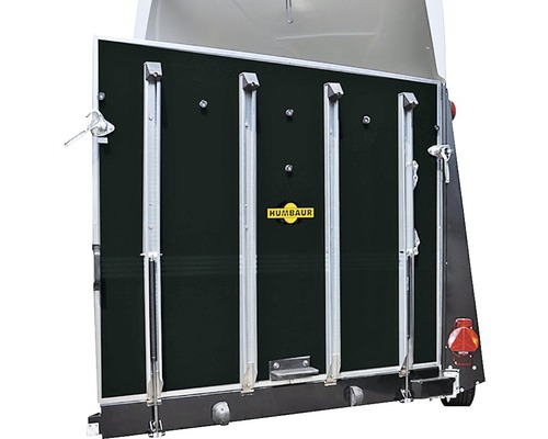 Humbaur Hecktüre Dreh- und schwenkbar für Trolly Cattle 1500 x 1700 x 18 mm Heckansicht eines Pferdeanhängers mit Humbaur Logo