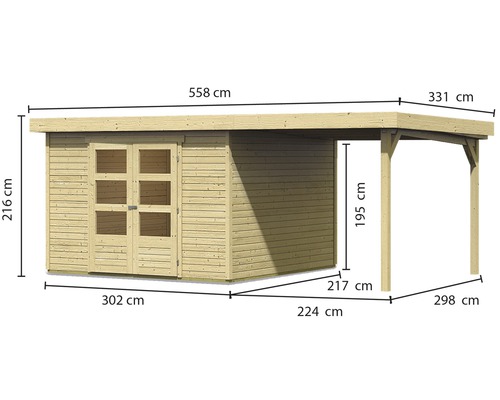 Abri de jardin en bois avec carport et indications de dimensions