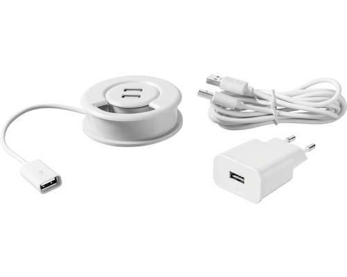 Tisch Kabeldurchführung mit 2x USB Ladesteckdosen 5V/2A weiss