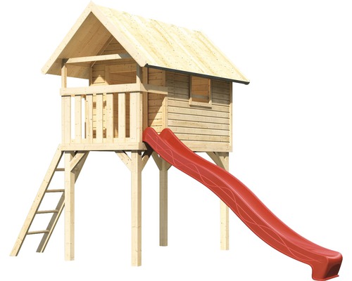 Cabane de jeux en bois avec toboggan et échelle
