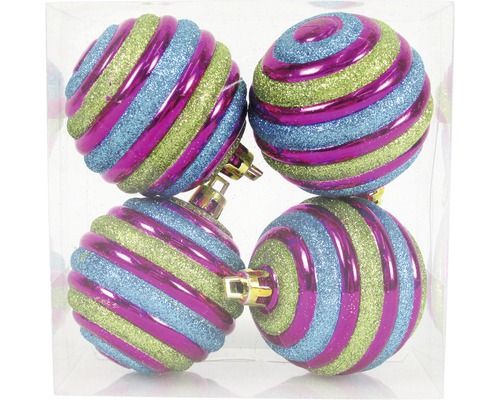 Boules pour sapin de Noël en plastique 6 cm rayées multicolores avec paillettes 4 pièces