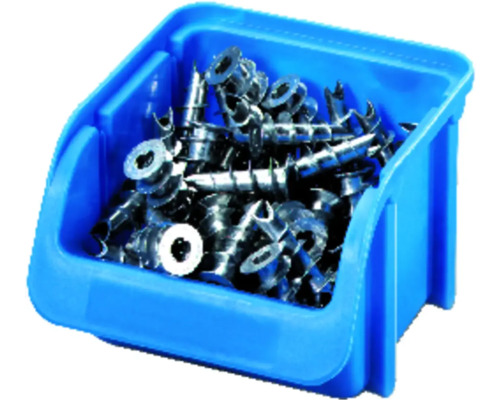 Boîte de rangement bleue remplie de chevilles pour plaques de plâtre