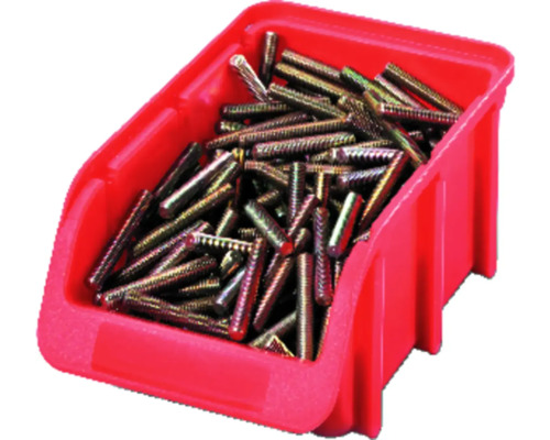 Boîte en plastique rouge remplie de boulons