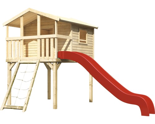 Holzspielhaus mit Rutsche und Kletternetz