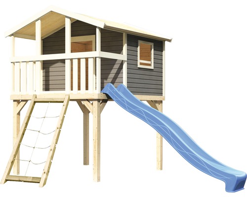 Spielhaus mit Rutsche und Kletternetz aus Holz