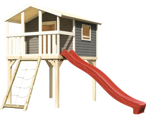 Spielhaus mit Rutsche und Kletternetz für den Aussenbereich