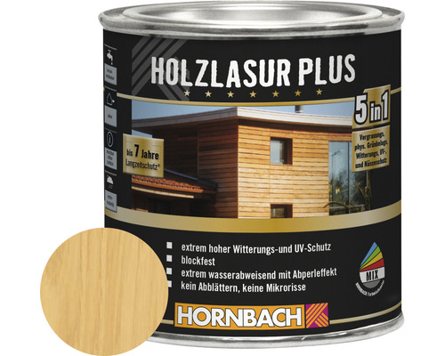 HORNBACH Holzlasur Plus farblos 375 ml Holzlasur Plus Dose mit Farbbeispiel und Eigenschaften für Holzschutz von Hornbach