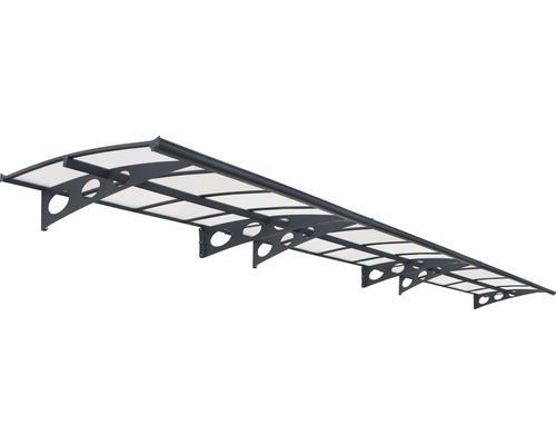 Auvent avec toit transparent et supports gris.