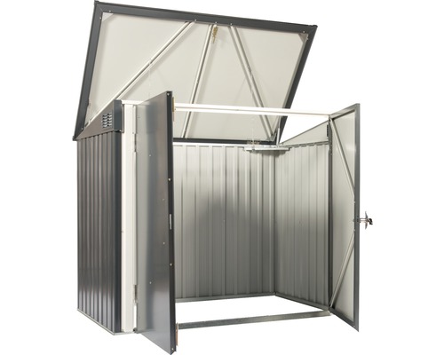 Offener Geräteschuppen aus Metall mit hochgeklapptem Dach