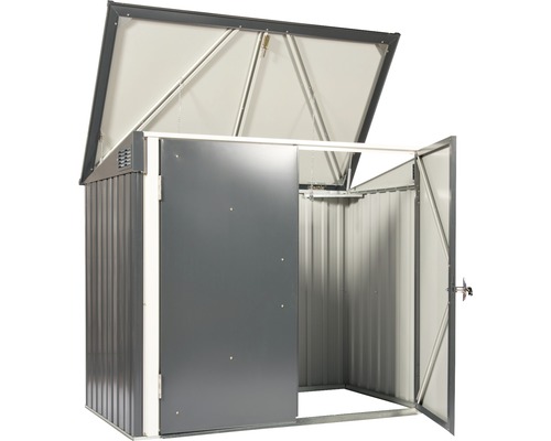 Geöffneter Geräteschuppen aus Metall mit Schiebetür und aufklappbarem Dach