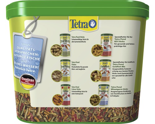 Seau d''aliments pour bassin Tetra avec différents types d''aliments pour poissons de bassin