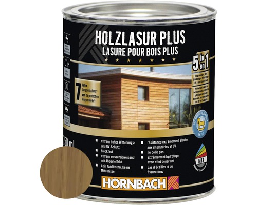 Lasure pour bois Plus chêne 750 ml Lasure pour bois Plus dans un seau en métal, avec des informations sur ses propriétés et le logo Hornbach