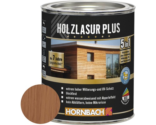 Pot de lasure pour bois Plus avec échantillon de couleur et informations sur le produit de Hornbach