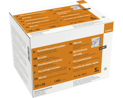 Vis de construction rapide Fermacell 3,9 x 30 millimètres, paquet de 1000 pièces