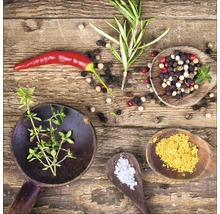 Arrangement von Kräutern und Gewürzen in Holzlöffeln auf einem Holztisch.