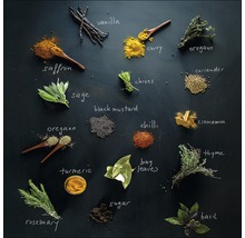 Arrangement verschiedener Gewürze und Kräuter wie Safran, Curry, Oregano, Koriander, Schnittlauch, Salbei, schwarzer Senf, Chili, Zimt, Thymian, Kurkuma, Lorbeerblätter, Zucker, Basilikum, Rosmarin und Vanille.