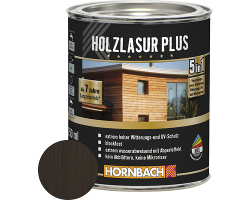 HORNBACH Holzlasur Plus palisander 750 ml Holzlasur Plus im Metalleimer für den Aussenbereich mit bis zu sieben Jahren Langzeitschutz und Hornbach Logo.