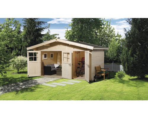 Abri de jardin weka avec plancher et local technique 460 x 320 cm naturel Abri de jardin en bois avec portes doubles ouvertes dans un jardin avec pelouse