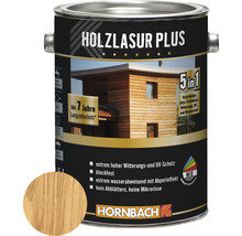 Holzlasur Plus Dose mit Produktinformationen und Farbbeispiel