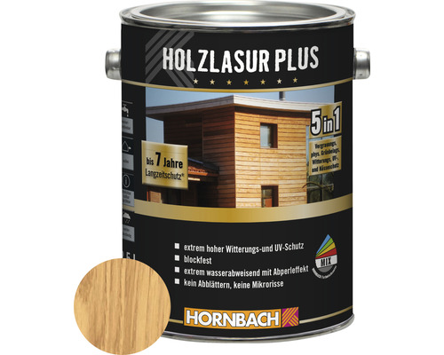 Holzlasur Plus Dose mit Produktinformationen und Farbbeispiel