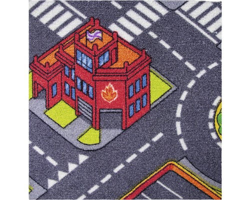 Spannteppich Schlinge Kinder Street grau FB97 400 cm (Meterware) Teppich mit Feuerwehrhaus und Strassenmuster