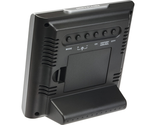 Rückansicht einer Wetterstation mit Bedientasten und Batteriefach