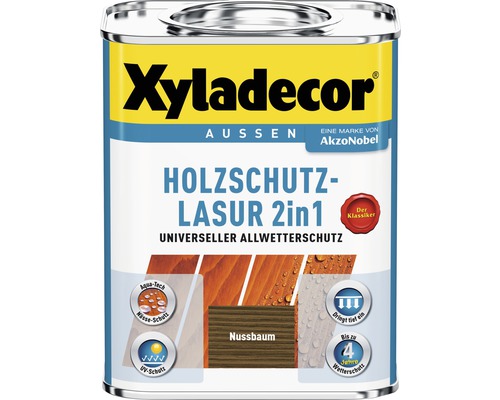 Xyladecor Lasure de protection pour bois 2en1 noyer 750 ml Lasure de protection du bois 2en1 Xyladecor, boîte pour l''extérieur