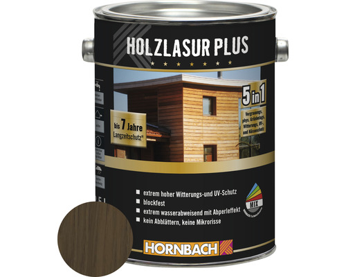 Holzlasur Plus Dose mit Farbbeispiel und Produkteigenschaften