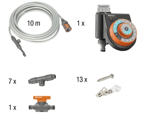 Refroidisseur d'air/Kit de brouillard de pulvérisation GARDENA automatique Kit de démarrage Gardena Micro-Drip-System pour haies, arbustes et plates-bandes avec un tuyau de 10 mètres, un programmateur d''arrosage, sept raccords en T, un raccord, treize crochets et une vis