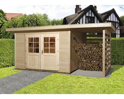 Abri de jardin en bois avec double porte et annexe pour bois de chauffage