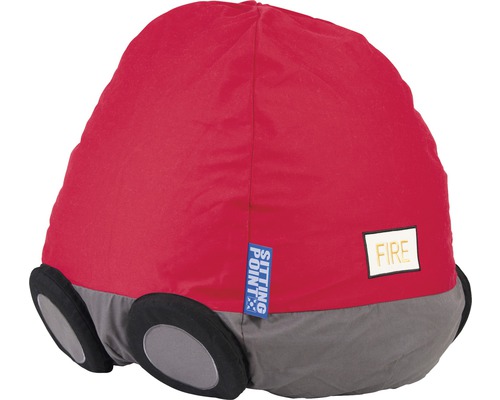 Roter Sitzsack in Form eines Feuerwehrautos mit Sitting Point Logo
