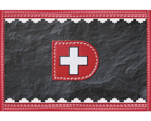 Tapis de sol mySPOTTi buddy Trudi XL 1360x2030x0.5 mm Croix suisse sur cuir rouge sur fond de pierre sombre